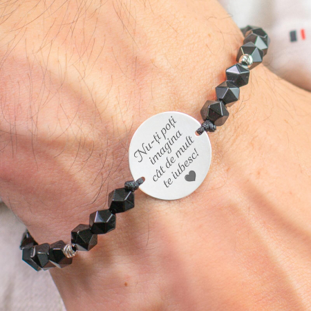 bratari barbati personalizate - Bratara barbati personalizata cu mesaj, bilute onix, Argint (19 mm)