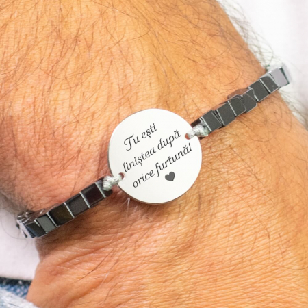 Cadouri de sfanta maria - Bratara barbati personalizata cu mesaj, cubulete hematit banut stainless steel
