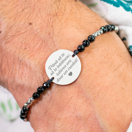 Cadou nou nascut personalizat - Bratara personalizata cu mesaj, onix si bilute Argint 17 mm
