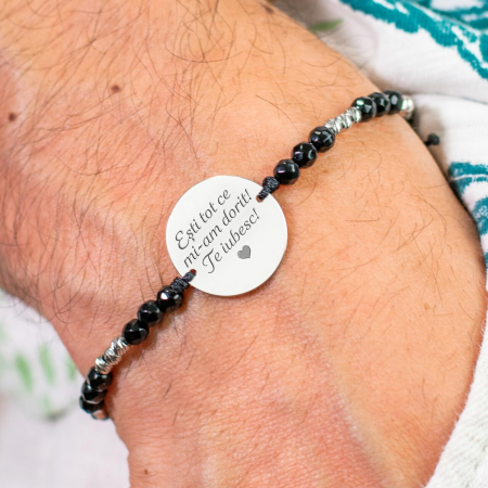 Bratari barbati cu pietre semipretioase - Bratara barbati personalizata cu mesaj, onix si bilute Argint 19 mm
