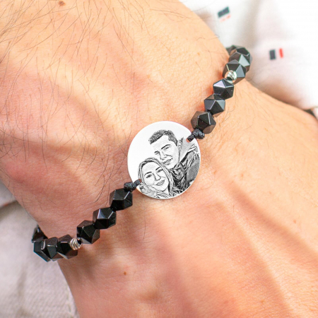 bratari barbati personalizate - Bratara barbati personalizata cu poza, bilute onix, Argint (19 mm)