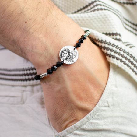bratari barbati personalizate - Bratara barbati personalizata cu poza, bilute argint, onix si banut (19mm)