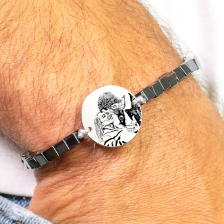 Bratari pietre semipretioase - Bratara barbati personalizata cu poza, cubulete hematit Argint (19 mm)