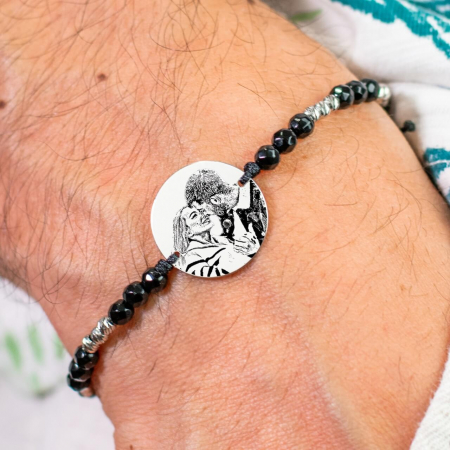 Bratari barbati cu pietre semipretioase - Bratara barbati personalizata cu poza, onix si bilute Argint 19 mm