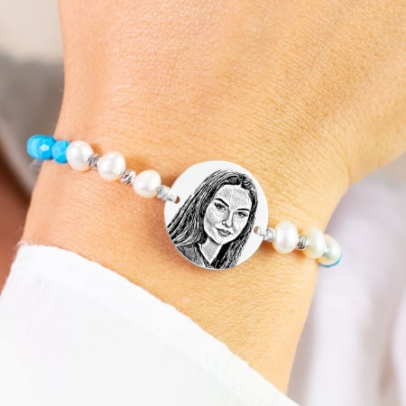 Bratari pietre semipretioase - Bratara dama argint personalizata cu poza, perle de cultura mix howlit (17 mm)