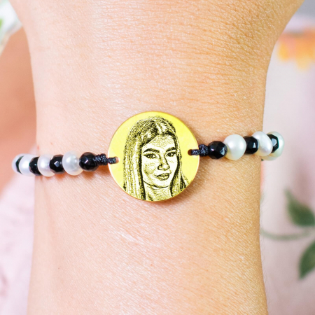 Bratari pietre semipretioase - Bratara dama argint personalizata cu poza, perle de cultura, mix onix (17 mm)