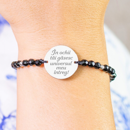 Bratari dama - Bratara dama personalizata cu mesaj, onix fatetat cu bilute si banut 17 mm Argint