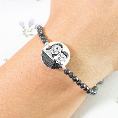 Bratari inox dama - Bratara personalizata cu poza, cu bilute hematit si banut stainless steel