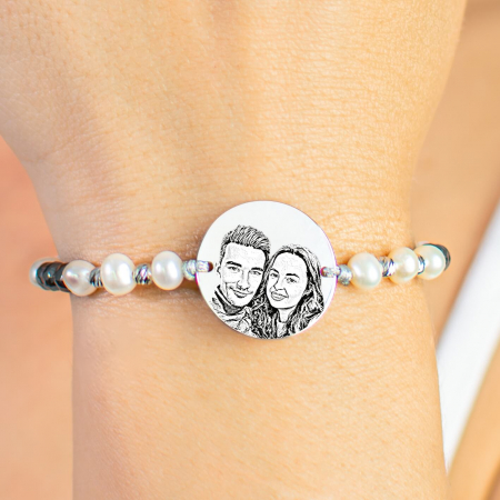Bratari pietre semipretioase - Bratara dama personalizata cu poza, perle de cultura, bilute argint si pietre hematit (17mm)