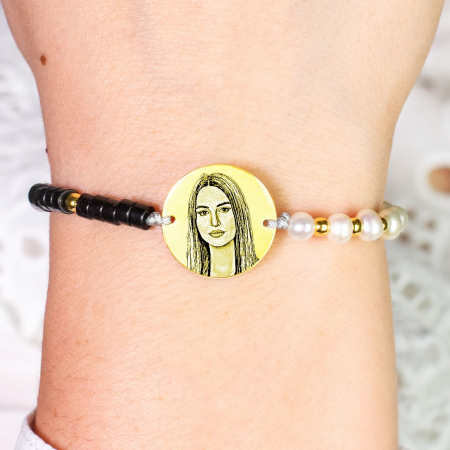 Bratari pietre semipretioase - Bratara dama personalizata cu poza, perle de cultura, bilute argint si discuri onix (17mm)