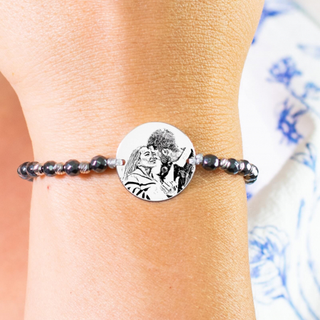 Cadou nou nascut personalizat - Bratara personalizata cu poza, mix bilute hematit, Argint (17 mm)