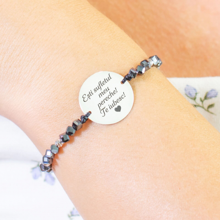 Bratari copii - Bratara personalizata cu mesaj, bilute argint si cubulete hematit (17 mm)