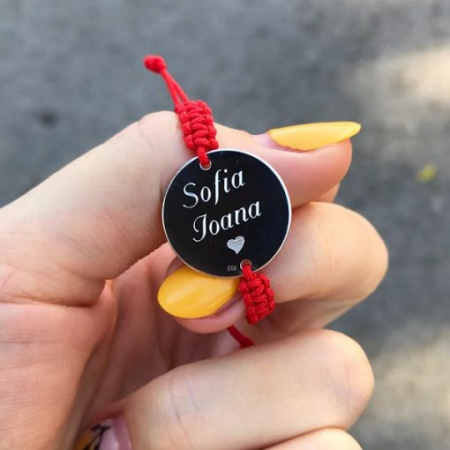 Cadouri personalizate nou nascuti - Bratara cu Snur si Argint cu Banut Personalizat Gravura Text