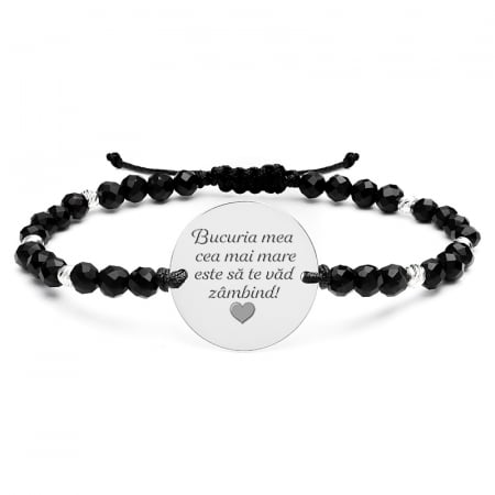 Bratara snur onix fatetat cu bilute si banut 19 mm personalizat gravura text - stainless steel [1]