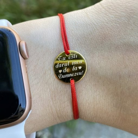 Bratara Argint cu Snur Rosu, Banut Personalizat Placat cu Aur [2]