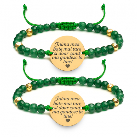 Bratari pietre semipretioase - Bratari cuplu Argint, cu bilute jad si banut personalizata cu mesaj (17 mm)