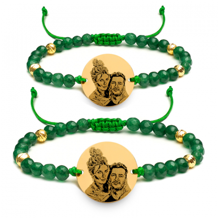 Bratari pietre semipretioase - Bratari cuplu Argint, cu bilute jad si banuti personalizate cu poza (19mm si 17mm)