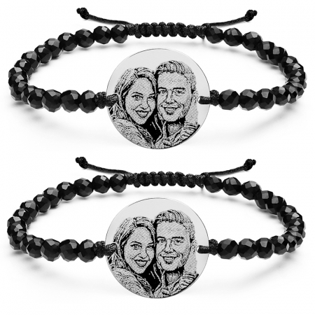 Bratari pietre semipretioase - Bratari cuplu argint, cu bilute onix, personalizate cu poza (19 mm)