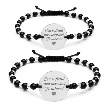 Set 2 bratari cuplu argint - Bratari cuplu Argint, mix onix, bilute si banut personalizate (19mm si 17 mm)