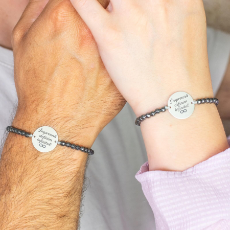 Set 2 bratari cuplu argint - Bratari cuplu argint personalizate cu mesaj, bilute hematit (19 mm si 17 mm)