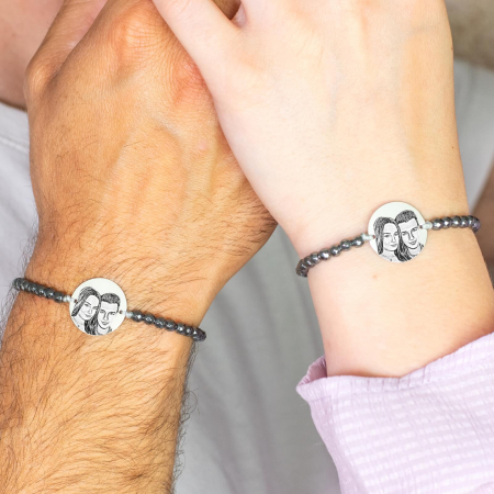 Bratari pietre semipretioase - Bratari cuplu argint personalizate cu poza, bilute hematit (19 mm si 17 mm)