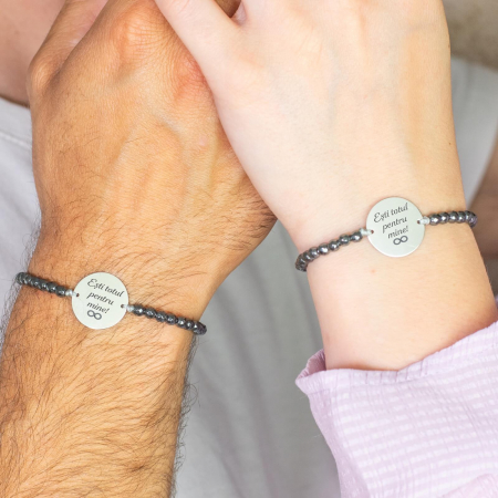 Bratari cupluri personalizate - Bratari cuplu personalizate cu mesaj, bilute hematit stainless steel