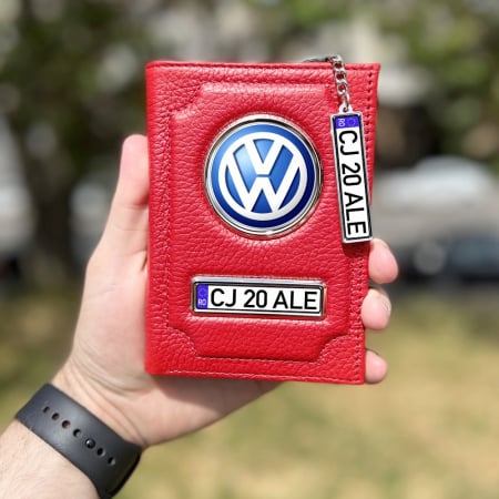 Port acte auto - Pachet Port Acte rosu din piele personalizat si breloc-VW
