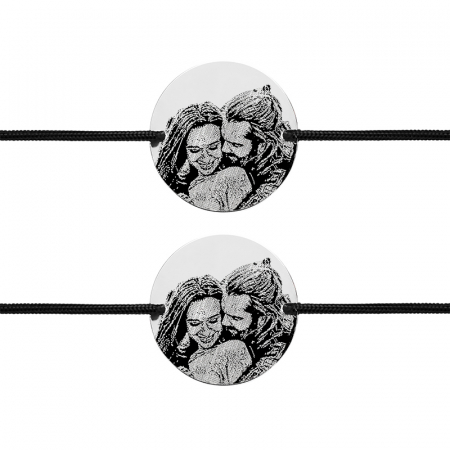 Cadouri personalizate de Paste - Set Bratari Cuplu Argint Snur, Banut 19 Mm Personalizat Gravura cu Fotografie Argint 925