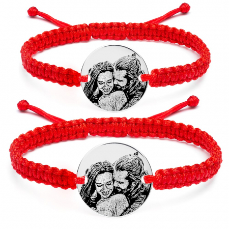 Cadouri personalizate de Paste - Set 2 Bratari Cuplu cu Snur Impletit, Banut 19 Mm Argint 925 Personalizat Gravura Foto