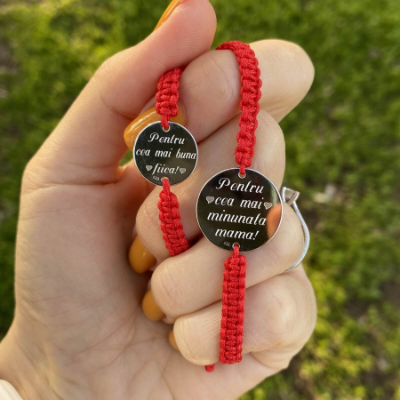 Cadouri personalizate nou nascuti - Set Bratari de Argint cu Snur Rosu Impletit, Banut 19 & 14 Mm Personalizat Gravura Text Argint 925