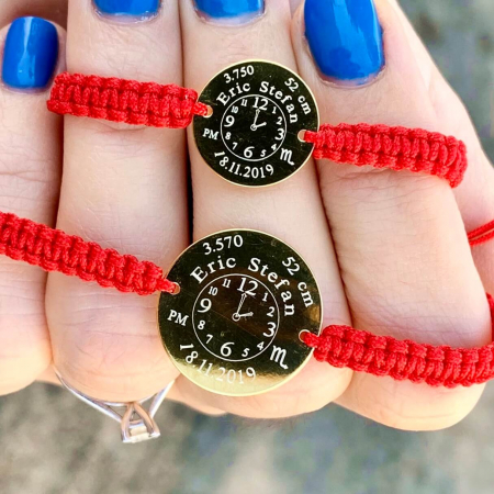 Cadouri personalizate nou nascuti - Set Bratari din Snur Impletit, Ceasul Bebelusului Mama si Copil, Banut 19 & 14 Mm Personalizat Gravura Argint 925