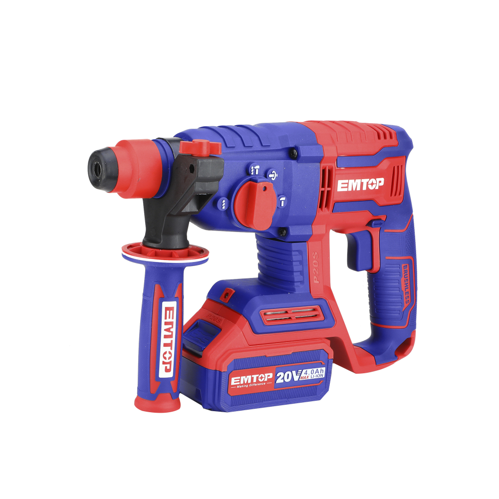 Ciocan rotopercutor cu 1 acumulator 4.0Ah, motor fara perii (brushless), 22mm, 2.0J, 3 burghie, cutie de transport - ELRH202081, EMTOP [2]