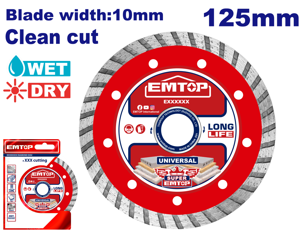 Disc Turbo diamantat 125mm, taiere umeda si uscata pentru caramida, beton si piatra, lama 10 mm - EDDC031252, EMTOP [1]
