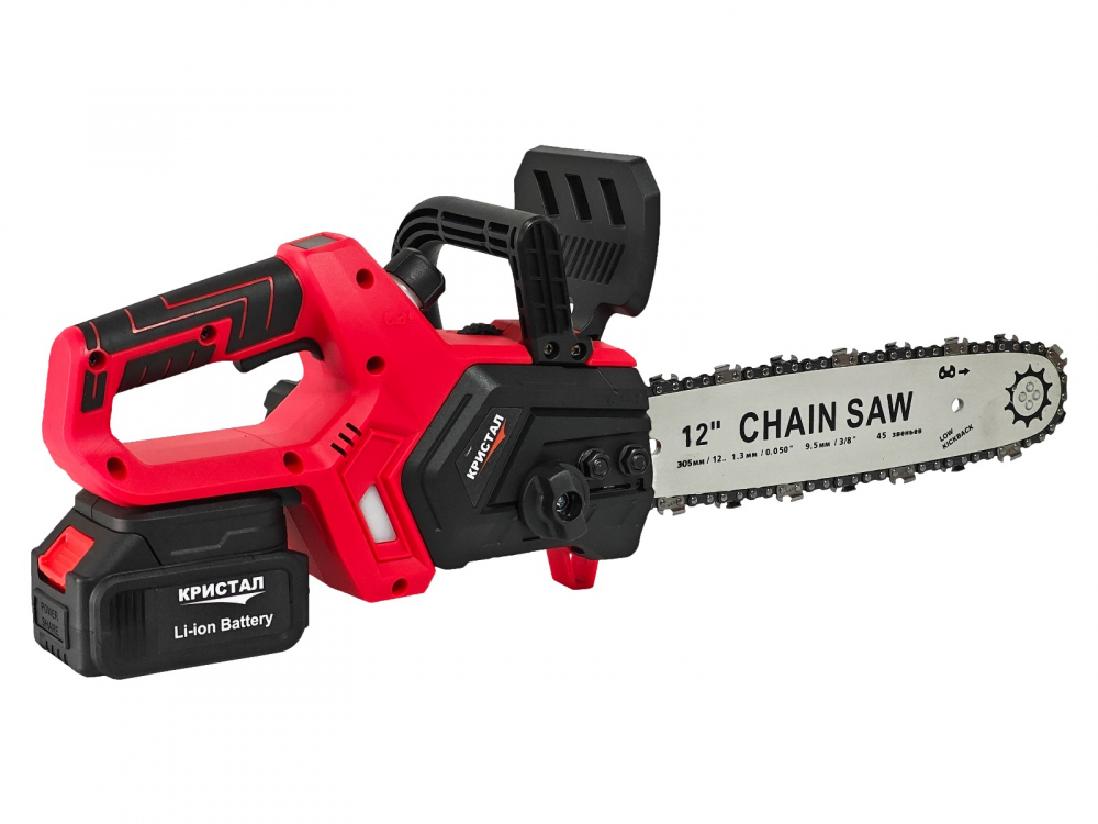 Drujba /mini fierastrau cu acumulator DDT-CRISTAL, 21V, 4A, Indicator procentaj baterie, sistem de ungere automat, Lama+Lant 12"Geanta transport, Rosu-Negru [12]