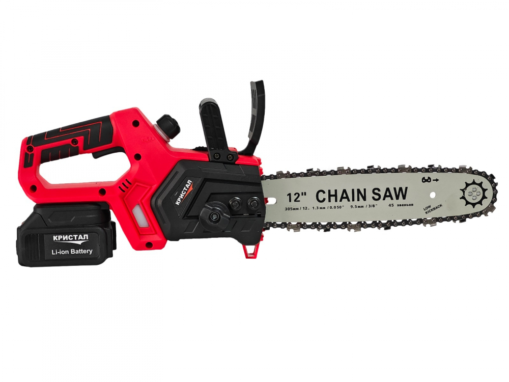Drujba /mini fierastrau cu acumulator DDT-CRISTAL, 21V, 4A, Indicator procentaj baterie, sistem de ungere automat, Lama+Lant 12"Geanta transport, Rosu-Negru [9]