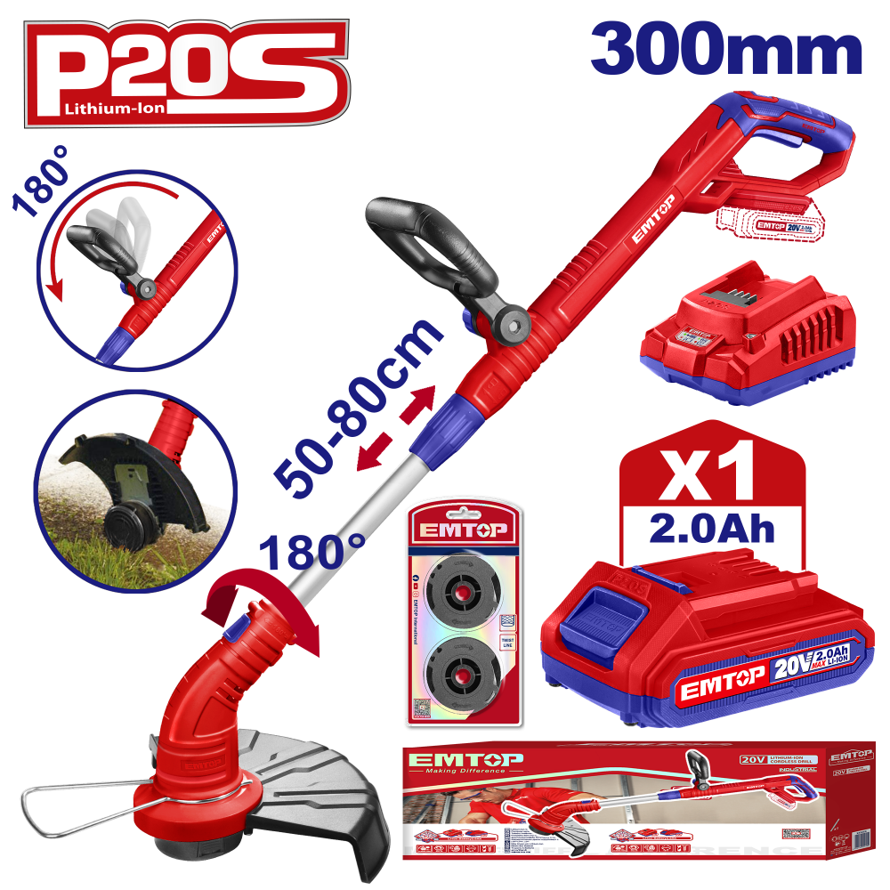 Motocoasa/Trimmer cu 1 acumulator 2.0Ah, maner reglabil, 300mm - ELGT203011, EMTOP [1]