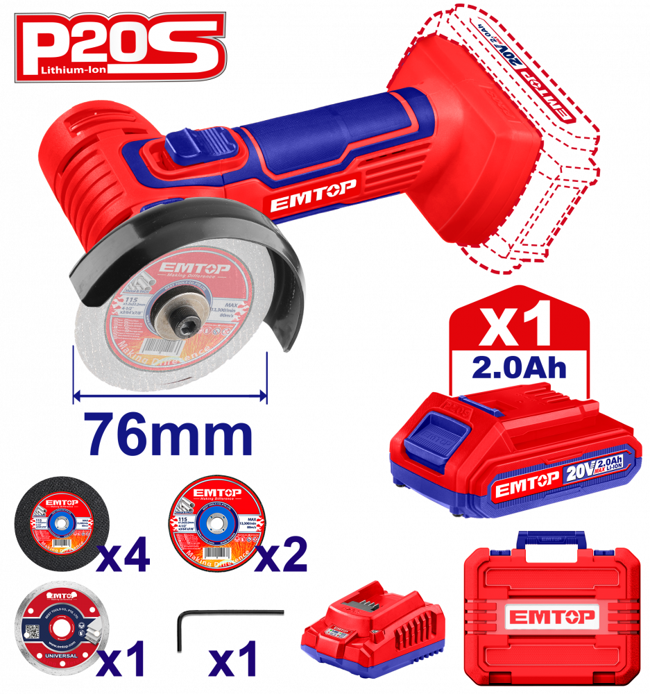 Mini polizor unghiular cu 1 acumulator 2.0Ah, 76mm, 7 discuri incluse - ELAG76017, EMTOP [1]