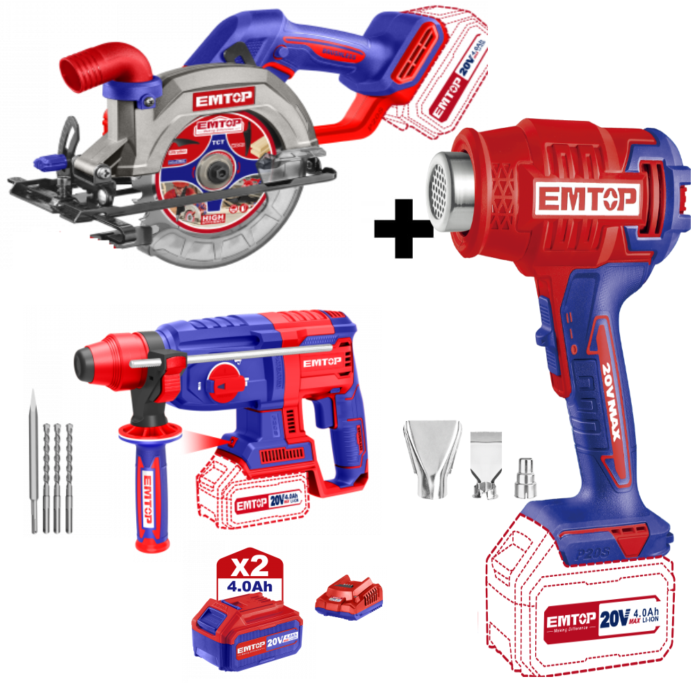 Pachet promo Fierastrau circular+ Suflanta aer cald (feon) + Ciocan rotopercutor, 26mm, 4 accesorii + 2 acumulatori 4.0AH [1]