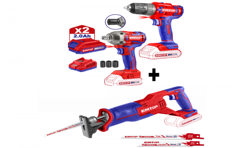 Pachet promo Fierastrau tip sabie + Set 2 buc. bormasina de insurubat si impact + 2 acumulatori 2.0AH + incarcator [1]