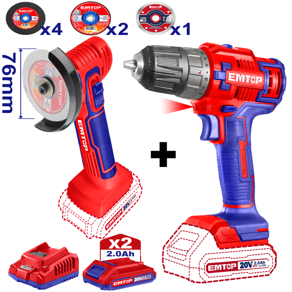 Pachet promo Mini polizor unghiular, 76mm, 7 discuri incluse + Masina de gaurit si insurubat + 2 acumulatori 2.0AH [1]