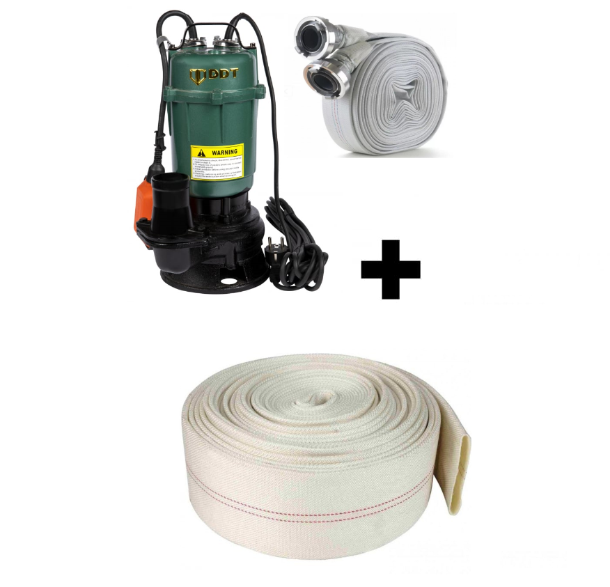 Pachet promo Pompa submersibila apa murdara, cu plutitor, fara tocator, DDT, WQD10, 2200 W, 10 m³/h, 8 m + Furtunul de pompier 2'' 20 m, 8 bari, cu cuple + Furtun de pompier 2'' 20 m [1]