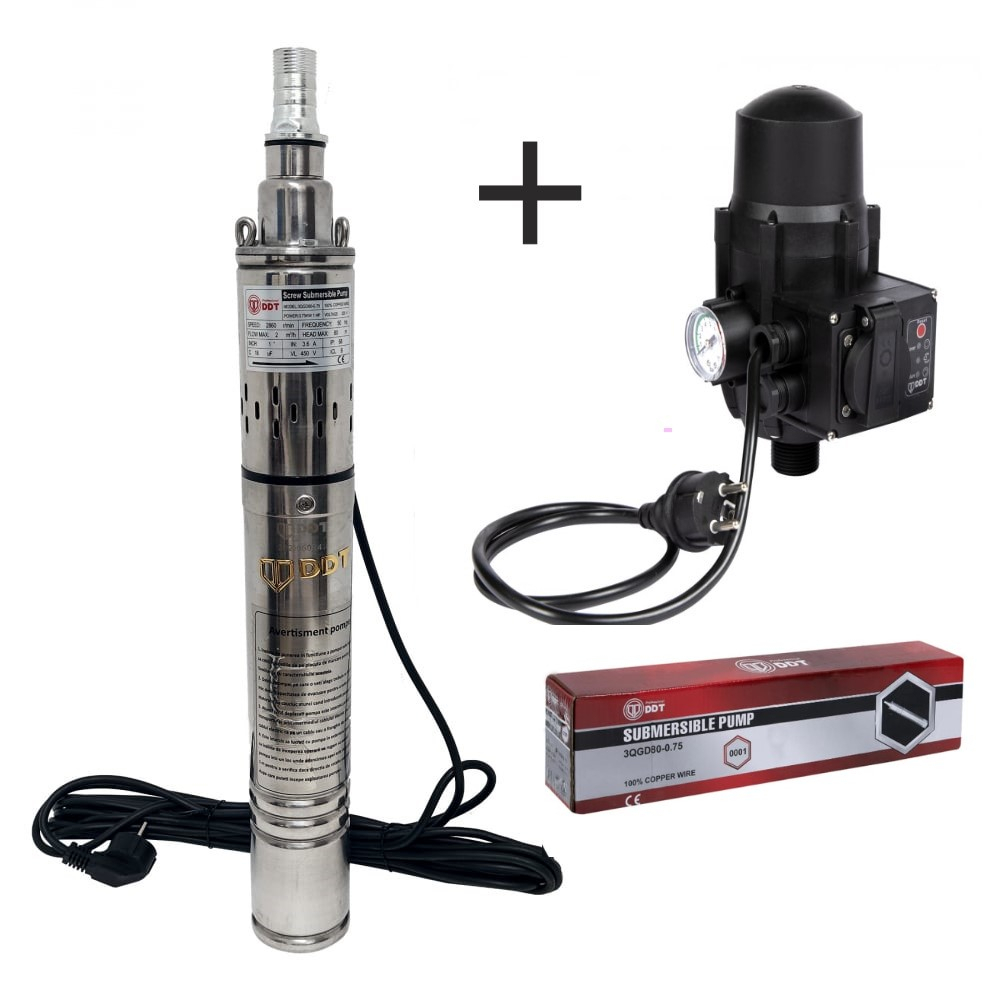 Pachet promo Pompa submersibila, DDT, 3QGD 0.75 kW, Inox, 75 mm diametru + Presostat electronic automat, DDT, LS-4 [1]