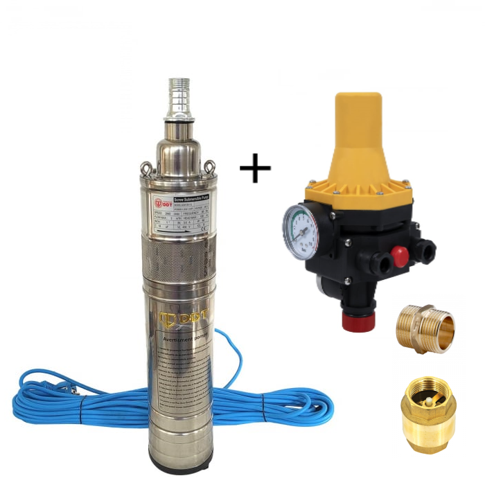 Pachet promo Pompa submersibila, DDT, QGD120, Inox complet, suruburi inox, sita protectie, 20 m cablu, 120 m, 3 m³/h + Prescontrol LS6 + supapa de sens si niplu [1]