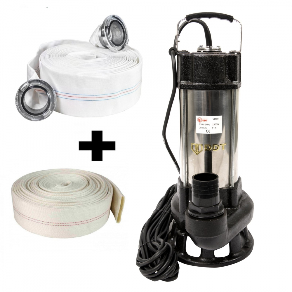Pompa submersibila cu dublu tocator pentru apa murdara, DDT, V1500T, 1500 W, Inox + Furtun pompier, 20 metri, 2 toli + Furtunul de pompier 2'' 20 m, 8 bari, cu cuple [1]