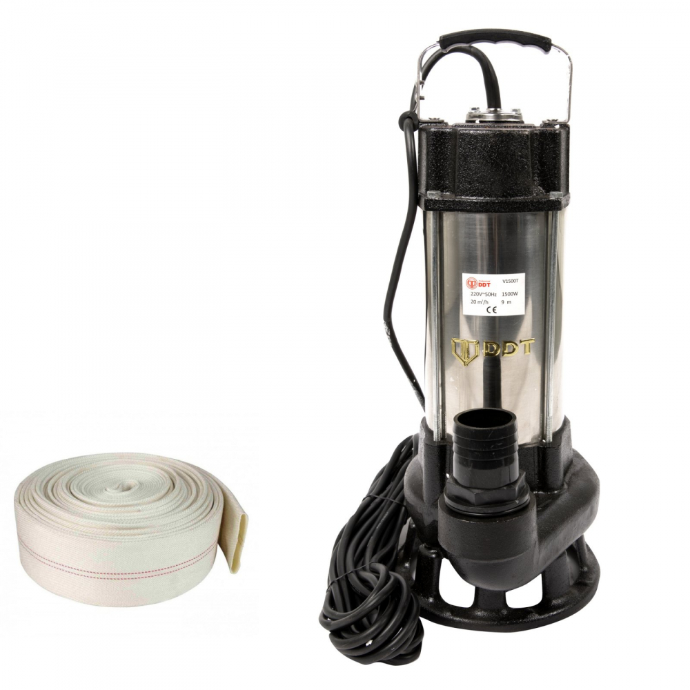 Pompa submersibila cu dublu tocator pentru apa murdara, DDT, V1500T, 1500 W, Inox + Furtun pompier, 20 metri, 2 toli + Furtunul de pompier 2'' 20 m, 8 bari, cu cuple [3]