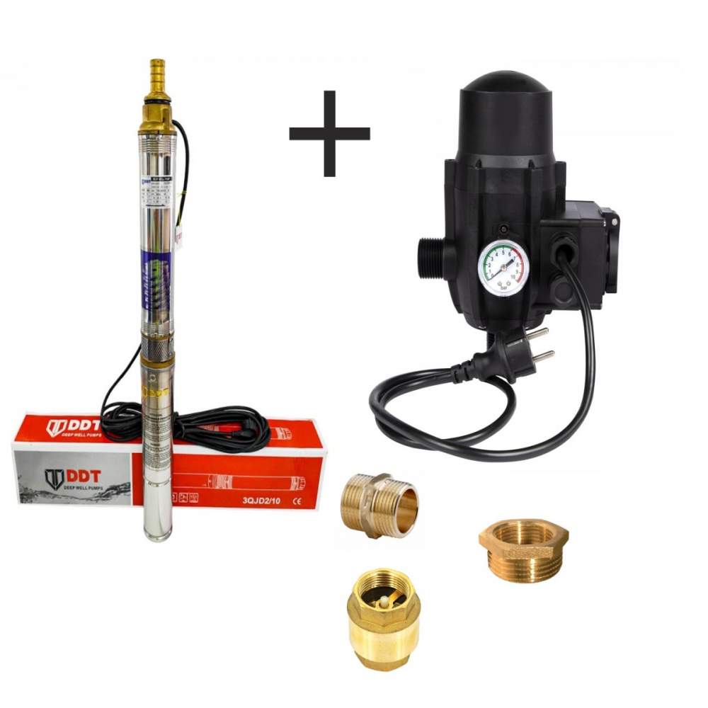 Pompa submersibila, DDT, 3QJD-1.1, 1.1 kW, Inox, 75 mm diametru, 10 turbine + Presostat electronic automat, DDT, LS-4 + accesorii [1]