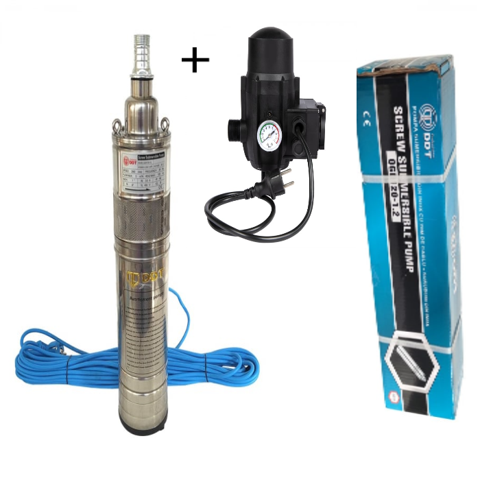Pompa submersibila, DDT, QGD120, Inox complet, suruburi inox, sita protectie, 20 m cablu, 120 m, 3 m³/h + Presostat electronic automat, DDT, LS-4 [1]