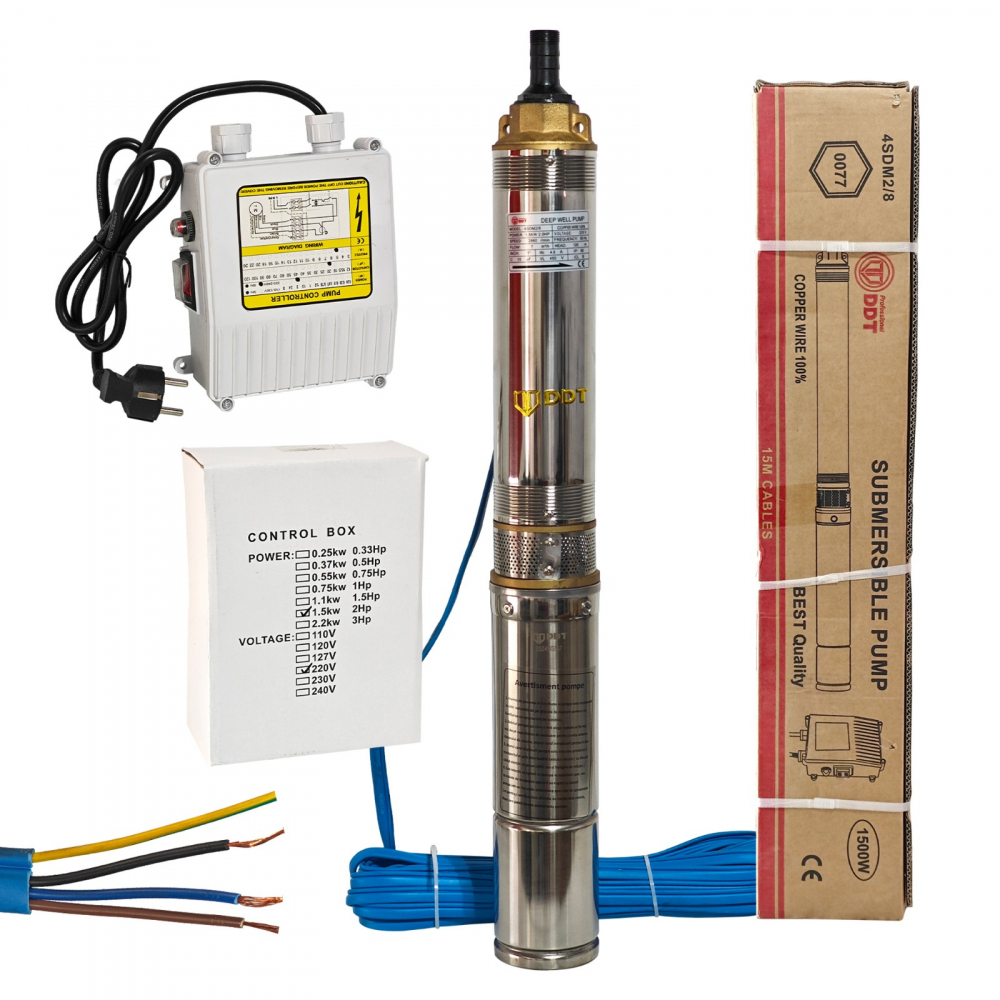 Pompa submersibila multietajata de mare adancime DDT, 4SDM2/8 DDT-0077, 1500 W, apa curata, carcasa inox-fonta,debit maxim 7000 L/h, inaltime maxim 120m, diametru pompa 100 mm, panou comanda, 15m cabl [2]