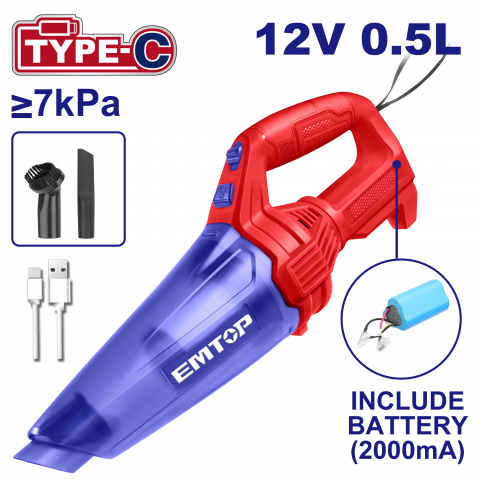 Electrocasnice - Aspirator portabil cu baterie 2000mA, incarcare prin cablu tip C - ELVC2026, EMTOP