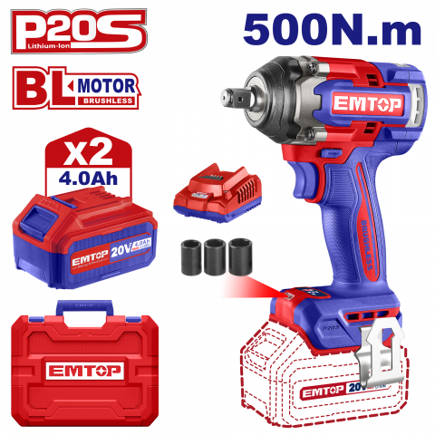 Bricolaj - Bormasina de impact si insurubat cu 2 acumulatori 4.0Ah, motor fara perii (brushless), 500 Nm, 1/2", 3 capete 21, 22, 24mm - ECiWL2050, EMTOP